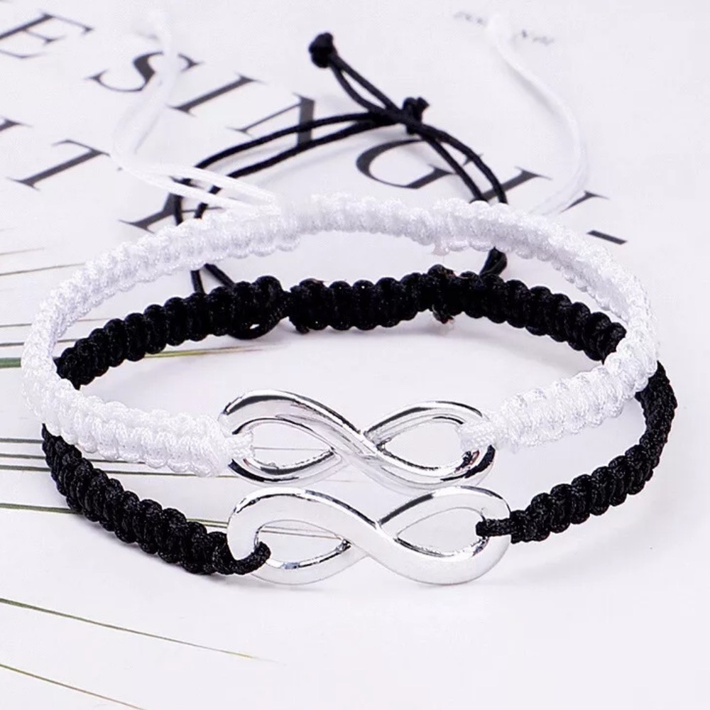 NEW•Couples Infinity Blk/Wht macrame adjustable bracelet set - Picture 3 of 6